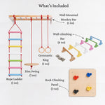 What's Included in the WoodBee Modular Jungle Gym Ultimate 3: Wall Mounted Monkey Bar (1 no), Wall-climbing Bar (6 no), Wooden Rock Climbing Panel (3 no), Rope Ladder (1 no), Disc Swing (1 no), Gymnastic Ring (1 no)