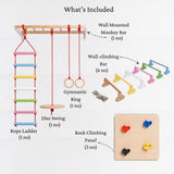 What's Included in the WoodBee Modular Jungle Gym Ultimate 3: Wall Mounted Monkey Bar (1 no), Wall-climbing Bar (6 no), Wooden Rock Climbing Panel (3 no), Rope Ladder (1 no), Disc Swing (1 no), Gymnastic Ring (1 no)