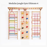 WoodBee Modular Jungle Gym Ultimate 4 - complete 8 × 8 ft indoor jungle gym for kids with Swedish wall ladder, rope climber, 3 wooden rock climbing panels, monkey bar, rope ladder, gymnastic rings and disc swing