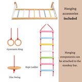 WoodBee Modular Jungle Gym Ultimate 4 hanging accessories included: Gymnastic Ring, Disc Swing and Rope Ladder. Hanging components can be attached to the monkey bar