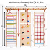WoodBee Modular Jungle Gym Ultimate 4 minimum wall area required: 8 × 8 ft. Two 4 ft monkey bars, 7 ft wall mounted wooden ladder and rope climber (1.5 ft wide), wooden rock climbing panels 2 × 2 ft