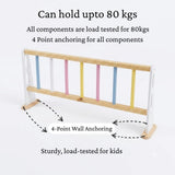 WoodBee wall mounted monkey bar can hold upto 80 kgs. All components are load tested for 80 kgs. 4-point wall anchoring. Sturdy, load-tested for kids