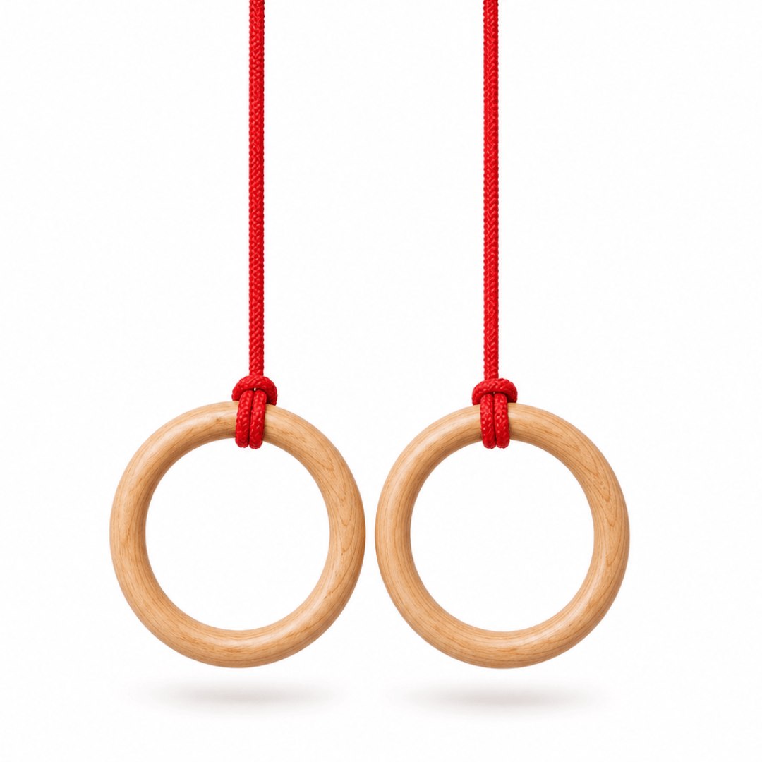 WoodBee Modular Jungle Gym Wooden Gymnastic Rings for kids on red rope