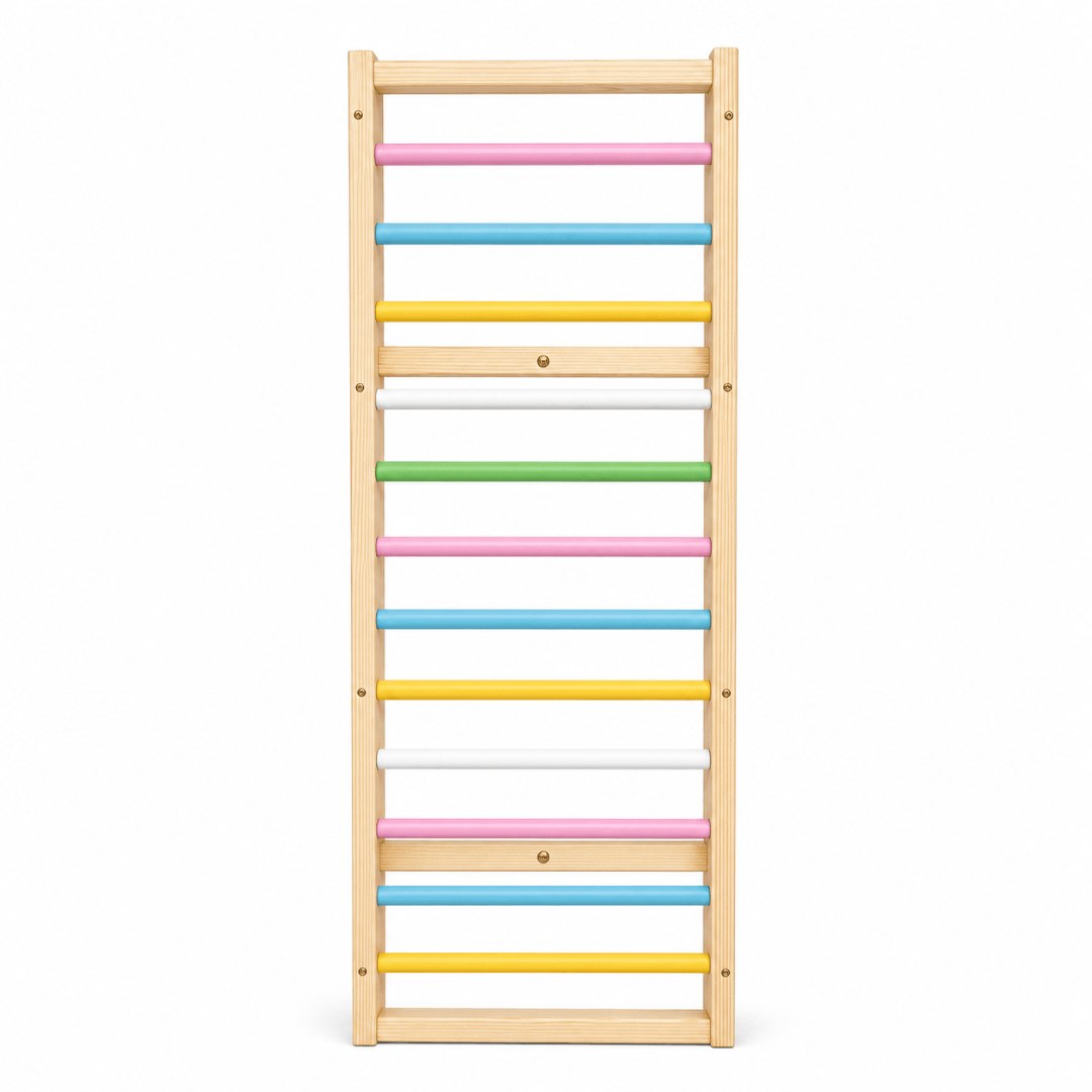 WoodBee Modular Jungle Gym Wooden Ladder Panel - wall-mounted wooden Swedish ladder for kids with colourful pastel rods