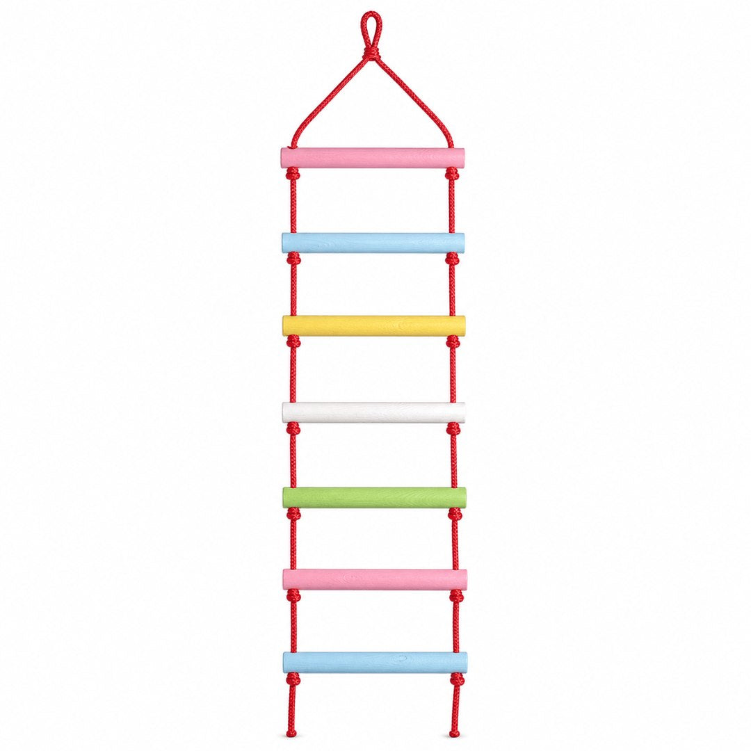 WoodBee Modular Jungle Gym Wooden Rope Ladder for kids with colourful wooden rungs on red rope