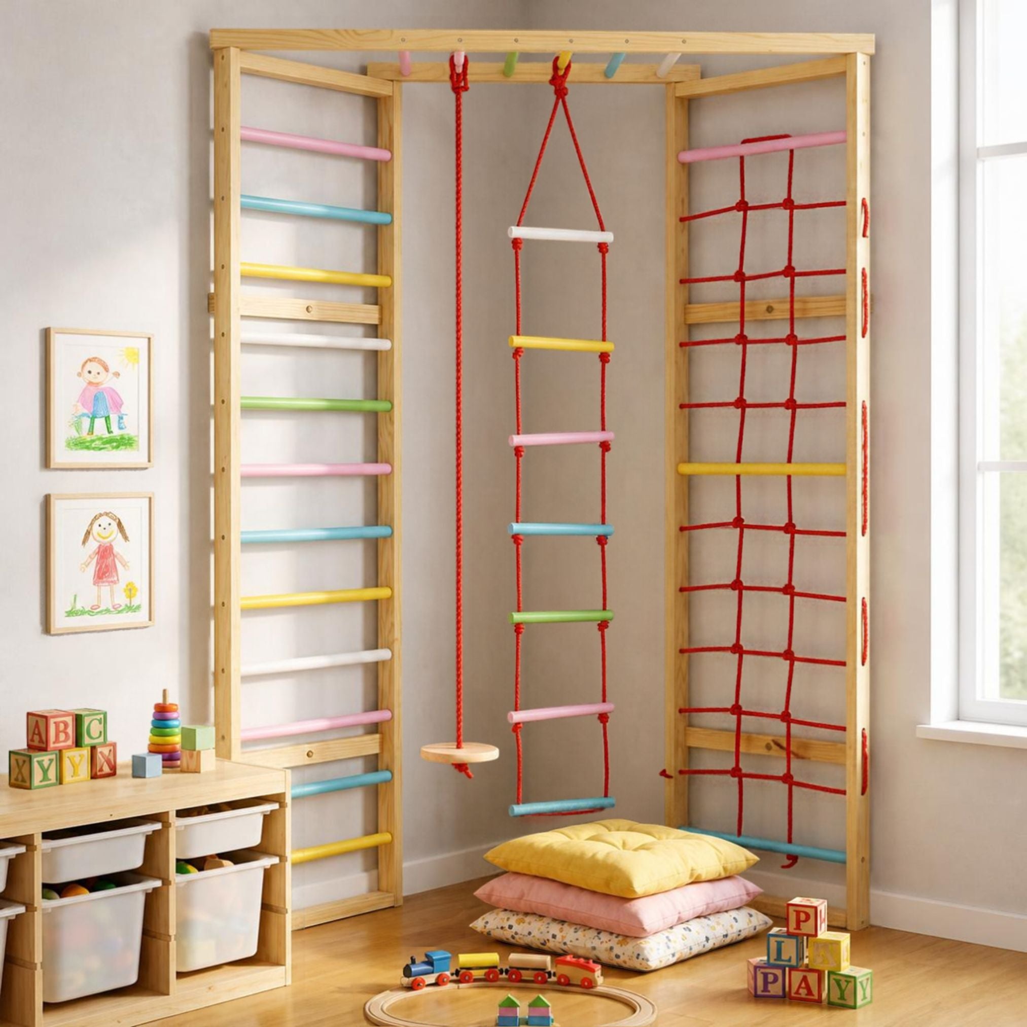 WoodBee Modular Jungle Gym for kids set up in a playroom corner - wooden indoor jungle gym with a Swedish ladder with colourful rungs, red rope net climber, overhead monkey bar, climbing rope with disc swing and rope ladder, with soft cushions below