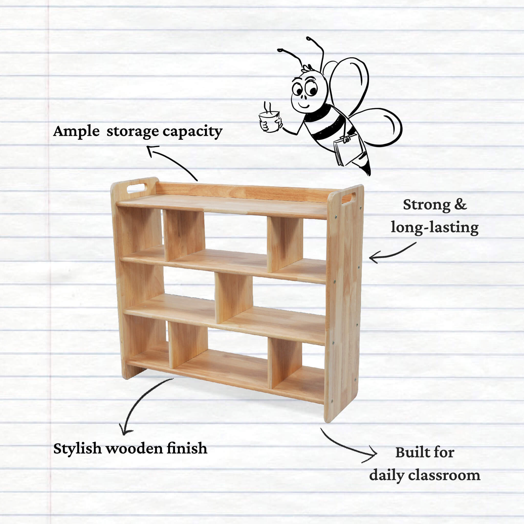 Kid-friendly non-toxic wooden book shelf with smooth finish
