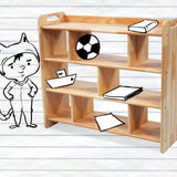Open-shelf design showing books and toys neatly organized