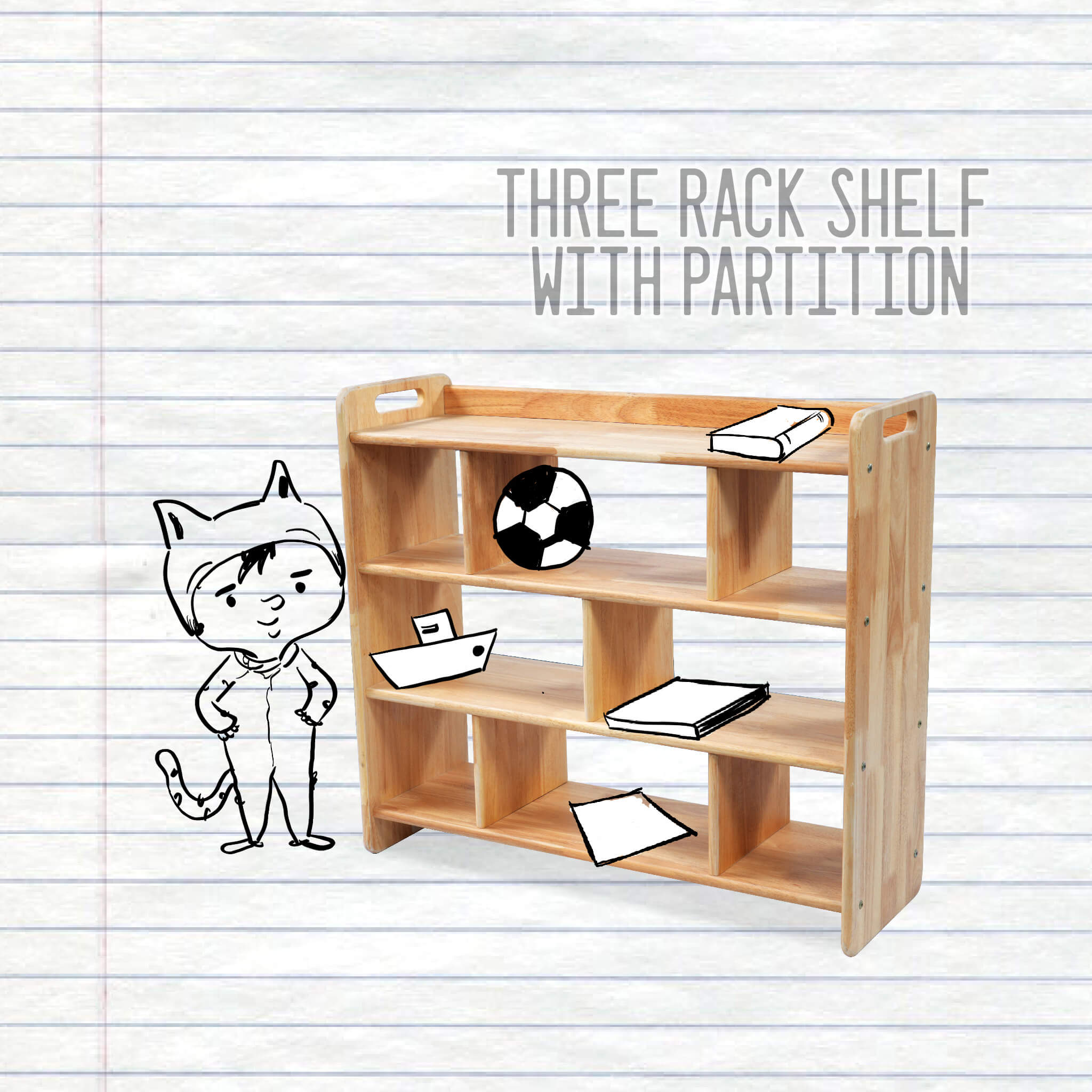 Open-shelf design showing books and toys neatly organized