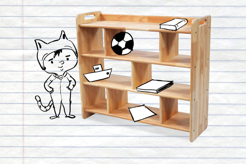 Open-shelf design showing books and toys neatly organized