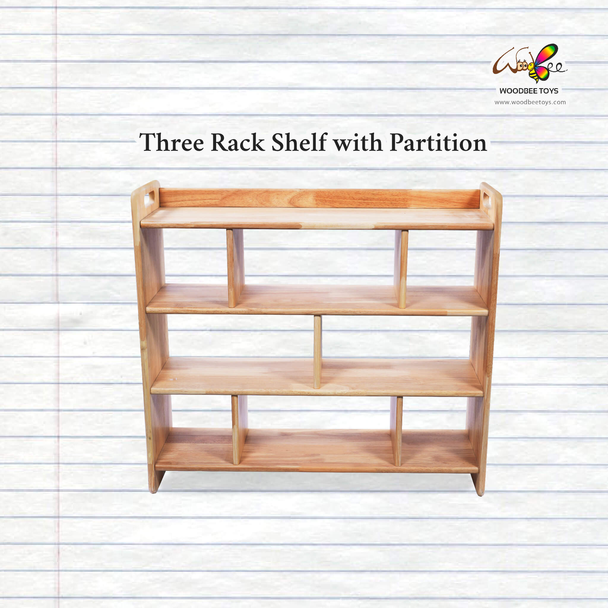 Handcrafted wooden book rack with partitions for children