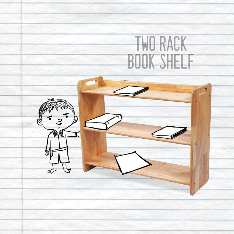 Two rack wooden bookshelf for kids – Montessori-inspired open storage.
