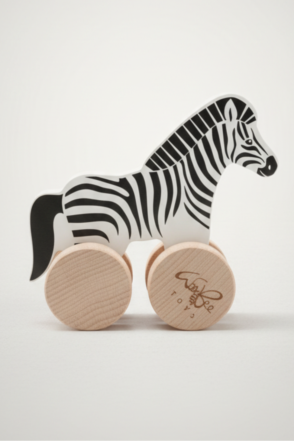 WoodBee Toys wooden zebra push toy with wooden wheels.