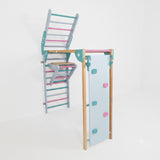 WoodBee wall mounted foldable jungle gym for kids - wooden indoor jungle gym with Swedish wall ladder, monkey bar, platform with mini ladder and climbing wall with colourful climbing holds