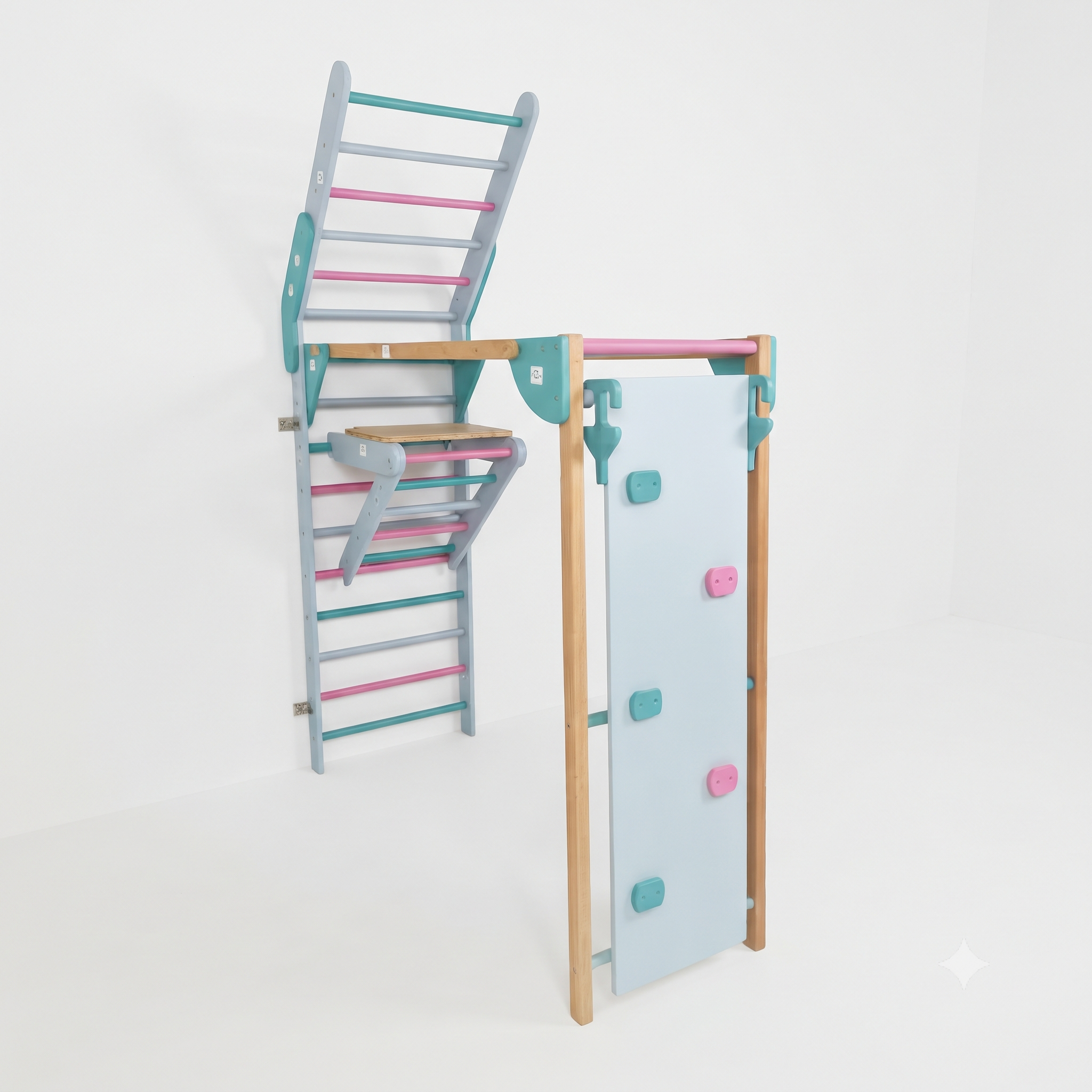 Wall mounted foldable jungle gym for kids, wooden indoor jungle gym with slide and climber