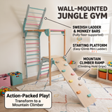 Wall mounted foldable jungle gym with the mountain climber side in use