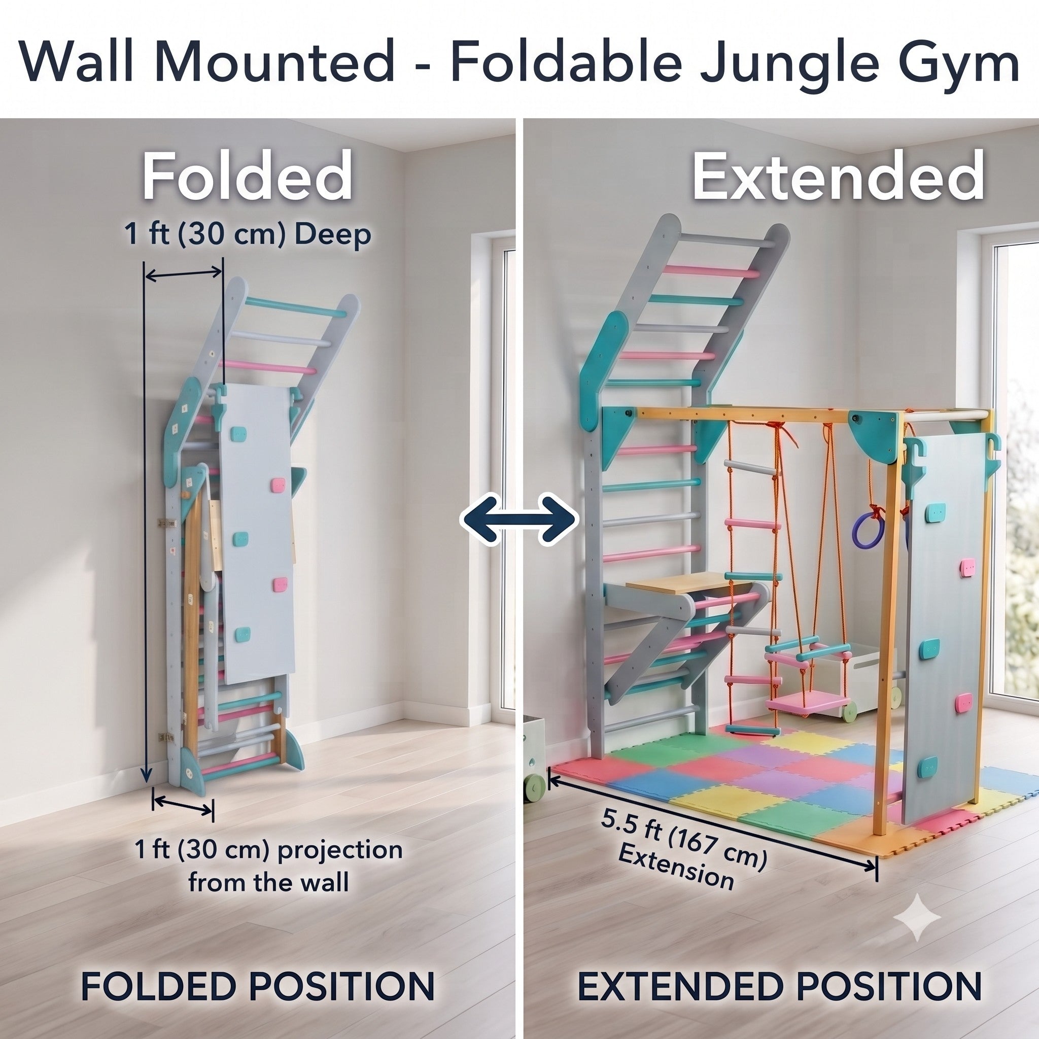 WoodBee Wall Mounted - Foldable Jungle Gym for kids in folded and extended positions. Folded: 1 ft (30 cm) deep, 1 ft (30 cm) projection from the wall - Folded Position. Extended: 5.5 ft (167 cm) extension - Extended Position, with wall ladder, climbing wall, rope ladder, swing and gymnastic rings.