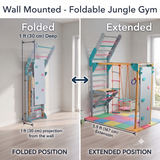 Wall mounted foldable jungle gym in folded and extended positions