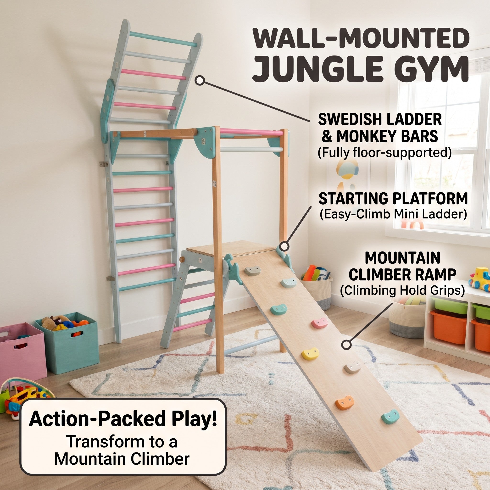 WoodBee Wall Mounted Foldable Jungle Gym for kids in mountain climber position. Swedish ladder & monkey bars (fully floor-supported). Starting platform (easy-climb mini ladder). Mountain climber ramp (climbing hold grips). Action-Packed Play! Transform to a Mountain Climber.