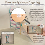 WoodBee Wall Mounted Foldable Jungle Gym for kids - Know exactly what you’re getting. Unique product ID • Assembled & tested • Video & details stored. 100% Quality Assurance: Each product has a unique product code and is fully assembled and tested. we share this video and info with you before shipping, so you can see exactly what you will receive. details stored for future warranty & serviceability. Close-up of product ID tag ‘WJGYM Foldable 132’, phone recording a video, and storage state inset.
