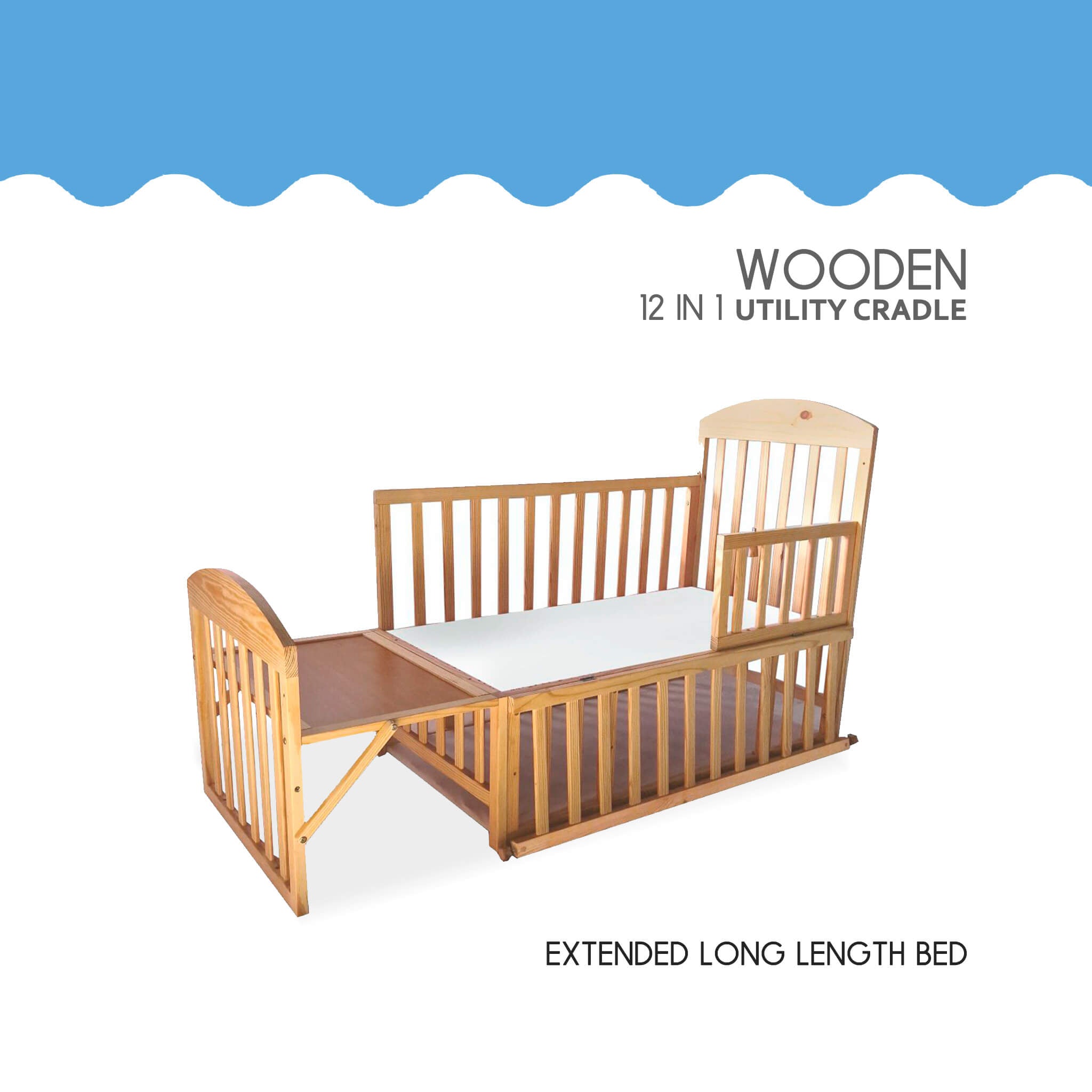 Woodbee 12-in-1 Convertible Wooden Cradle – Baby Cot, Rocker, Bed