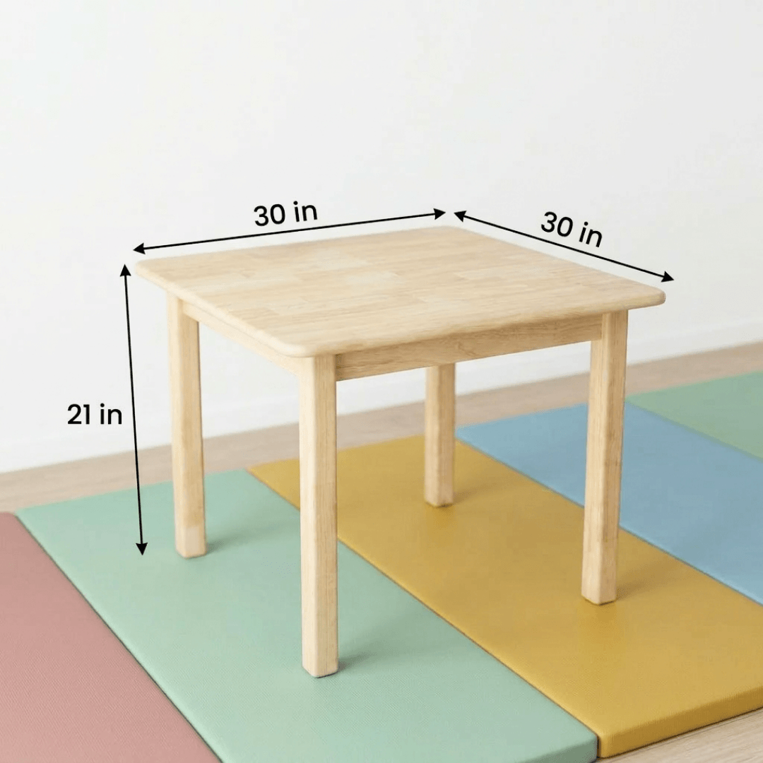 Wooden table with dimensions 30x30x21 inches.