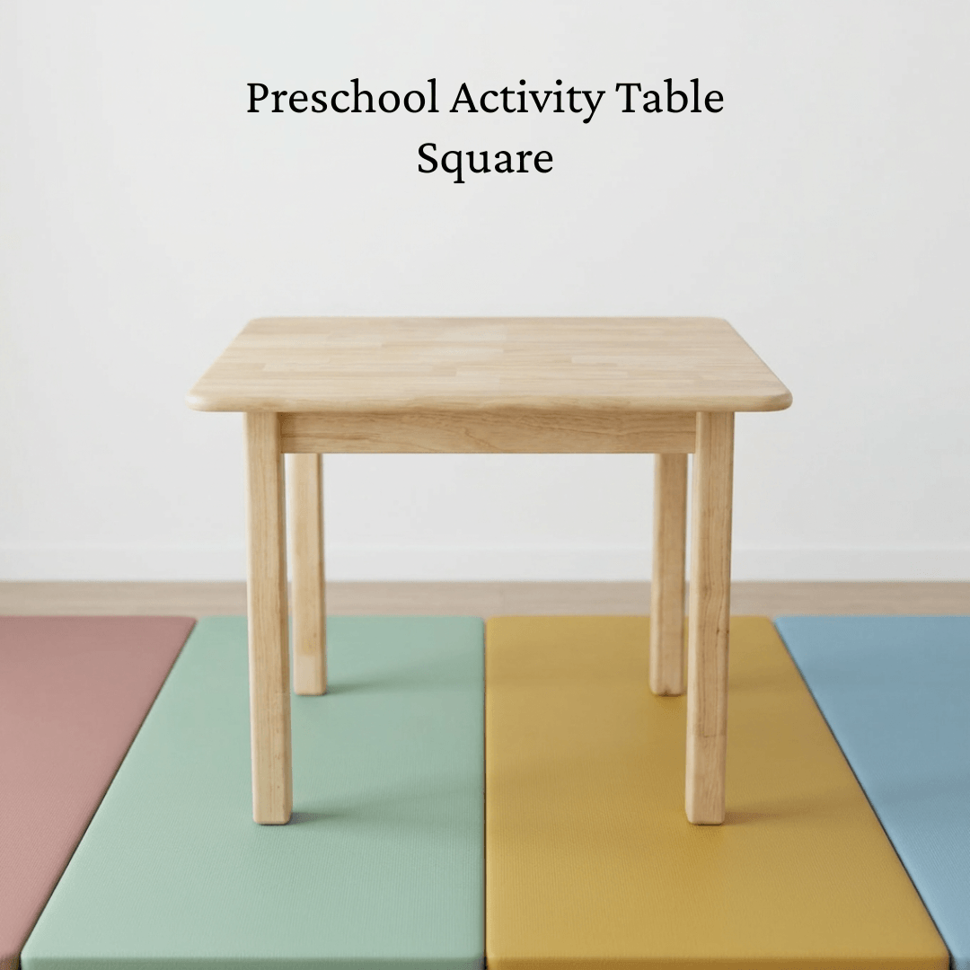 Square wooden preschool activity table on a colourful mat