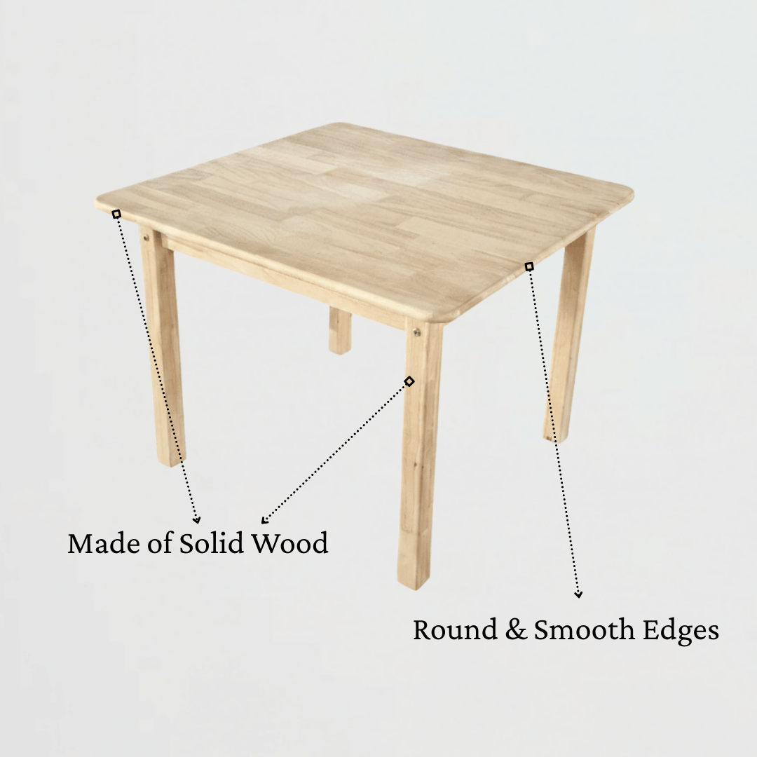 Wooden table made of solid wood and has round, smooth edges.