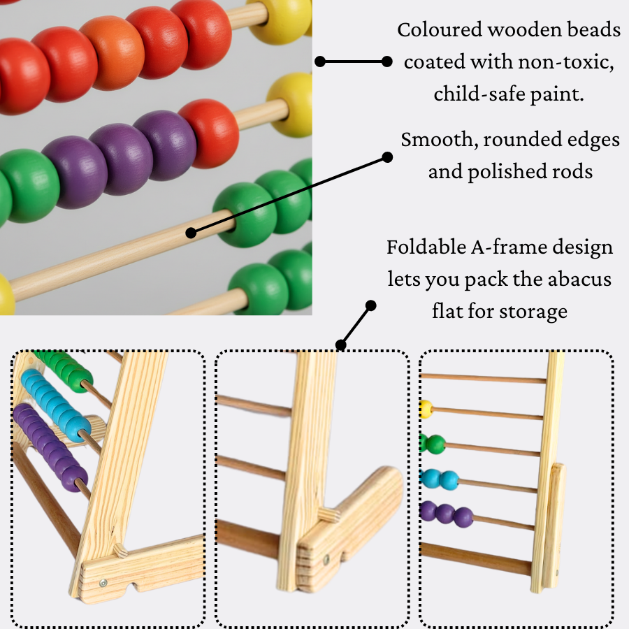 Close up of smooth wooden abacus beads and solid wood frame build quality