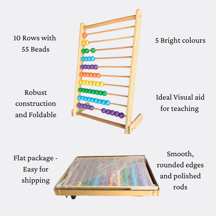 Colourful counting rows on wooden abacus with 10 beads per rod for maths practice
