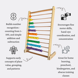 Child learning to count on large wooden abacus educational toy for ages 3 to 8