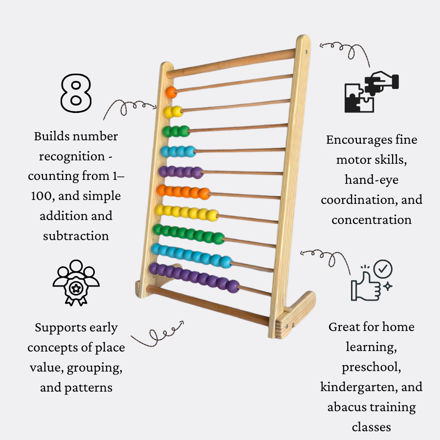 Child learning to count on large wooden abacus educational toy for ages 3 to 8