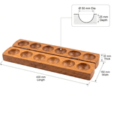 Wooden holder with circular compartments and dimensions on a white background