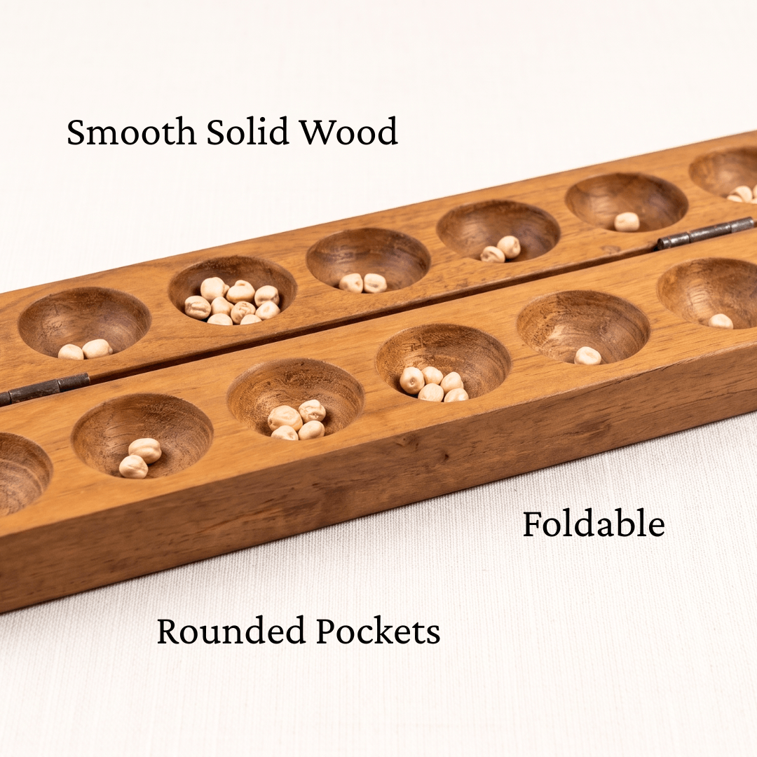 Wooden game board with rounded pockets on a white background