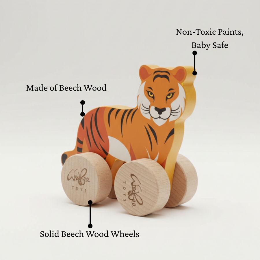 Wooden tiger push toy made from durable beech wood, with smooth beech wood wheels and child‑safe non‑toxic paints, ideal eco‑friendly push toy for toddlers and young children.