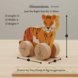 Wooden tiger toy with measurements and text on a wooden surface