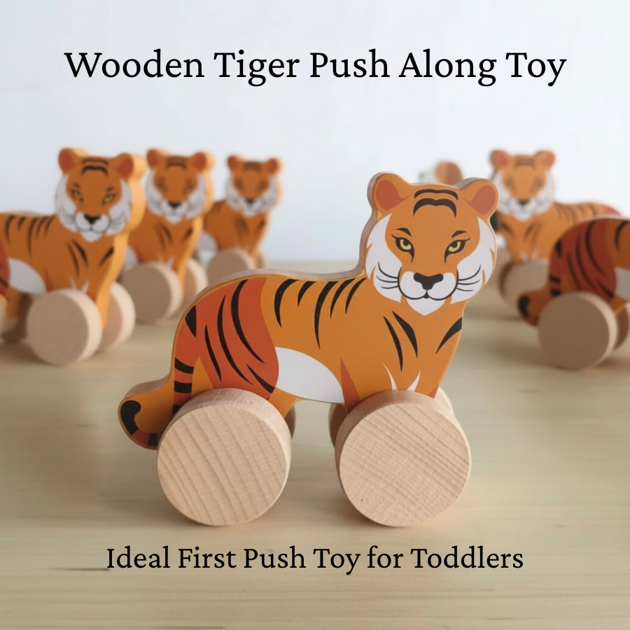Wooden tiger push toy with easy‑rolling wheels – ideal push toy for young ones, toddler wooden animal toy for fine motor skills development, eco‑friendly first push along toy.