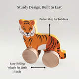 Wooden tiger push toy with easy rolling wooden wheels and perfect size for easy grip