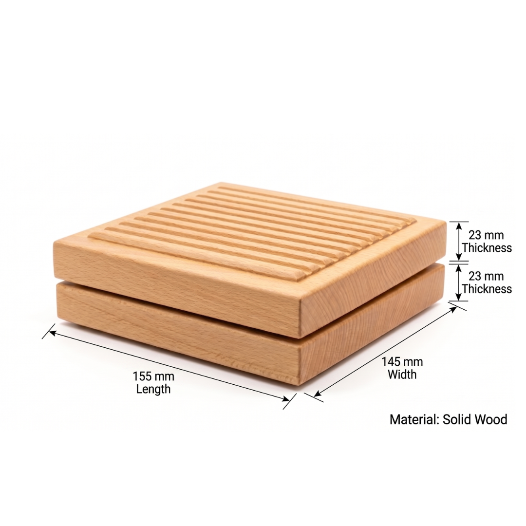Wooden coaster with dimensions and material details on a white background