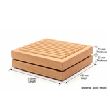 Wooden coaster with dimensions and material details on a white background