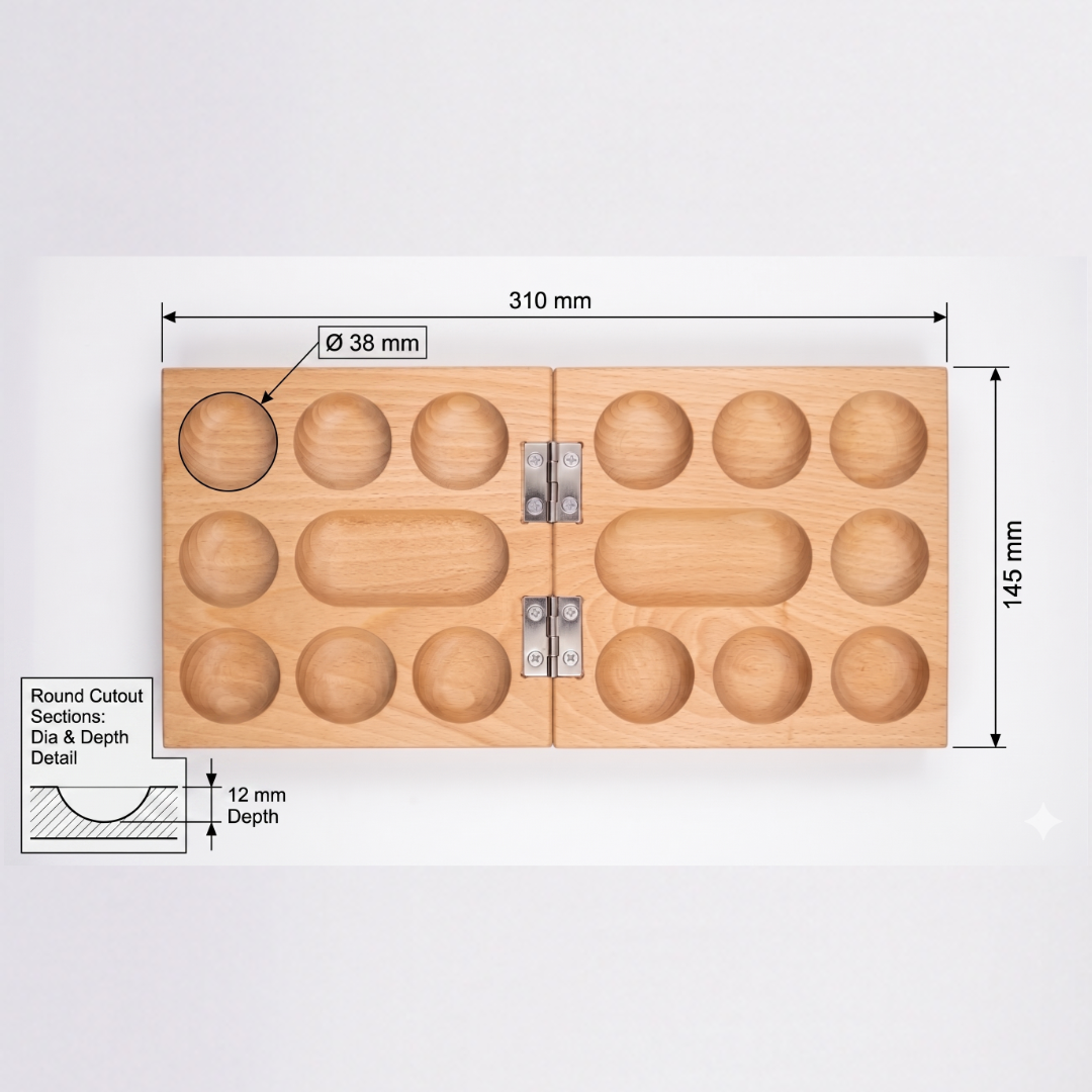 Wooden mold with round cutout sections and dimensions labeled on a white background