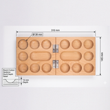 Wooden mold with round cutout sections and dimensions labeled on a white background