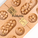Wooden puzzle with nuts and gold hinges, labeled 'Foldable'.