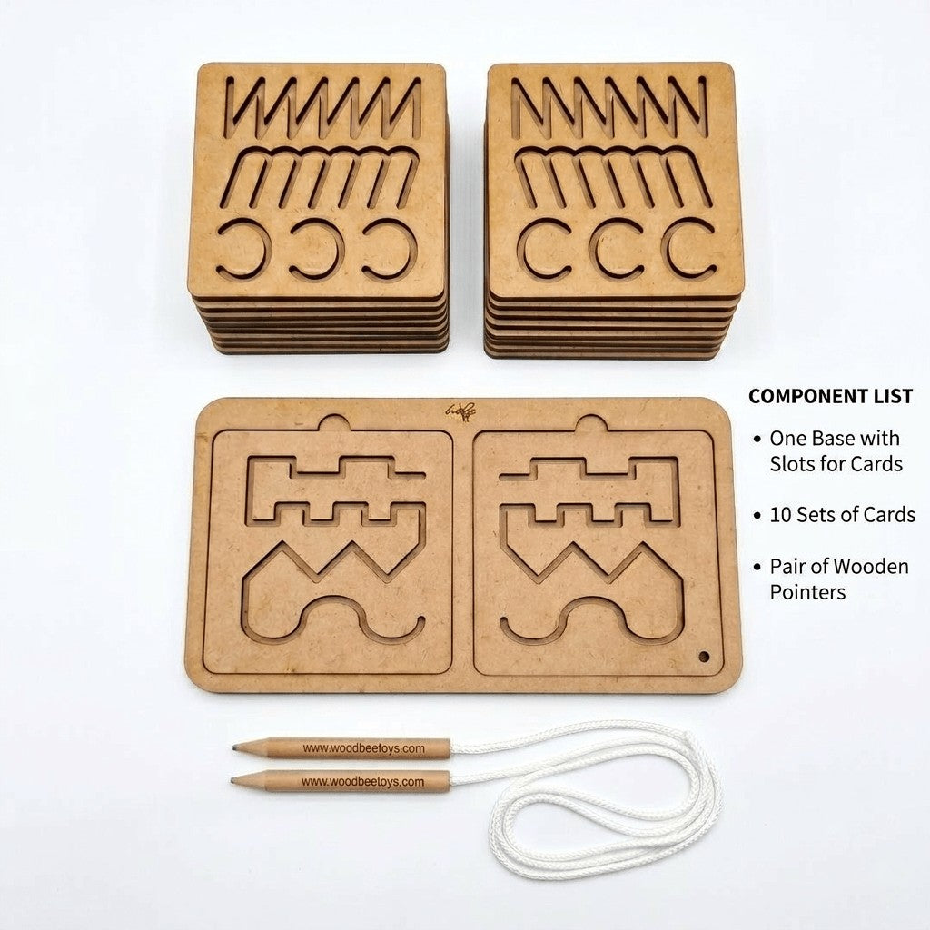 What's in the box: one base with slots for cards, 10 sets of tracing cards and a pair of wooden pointers