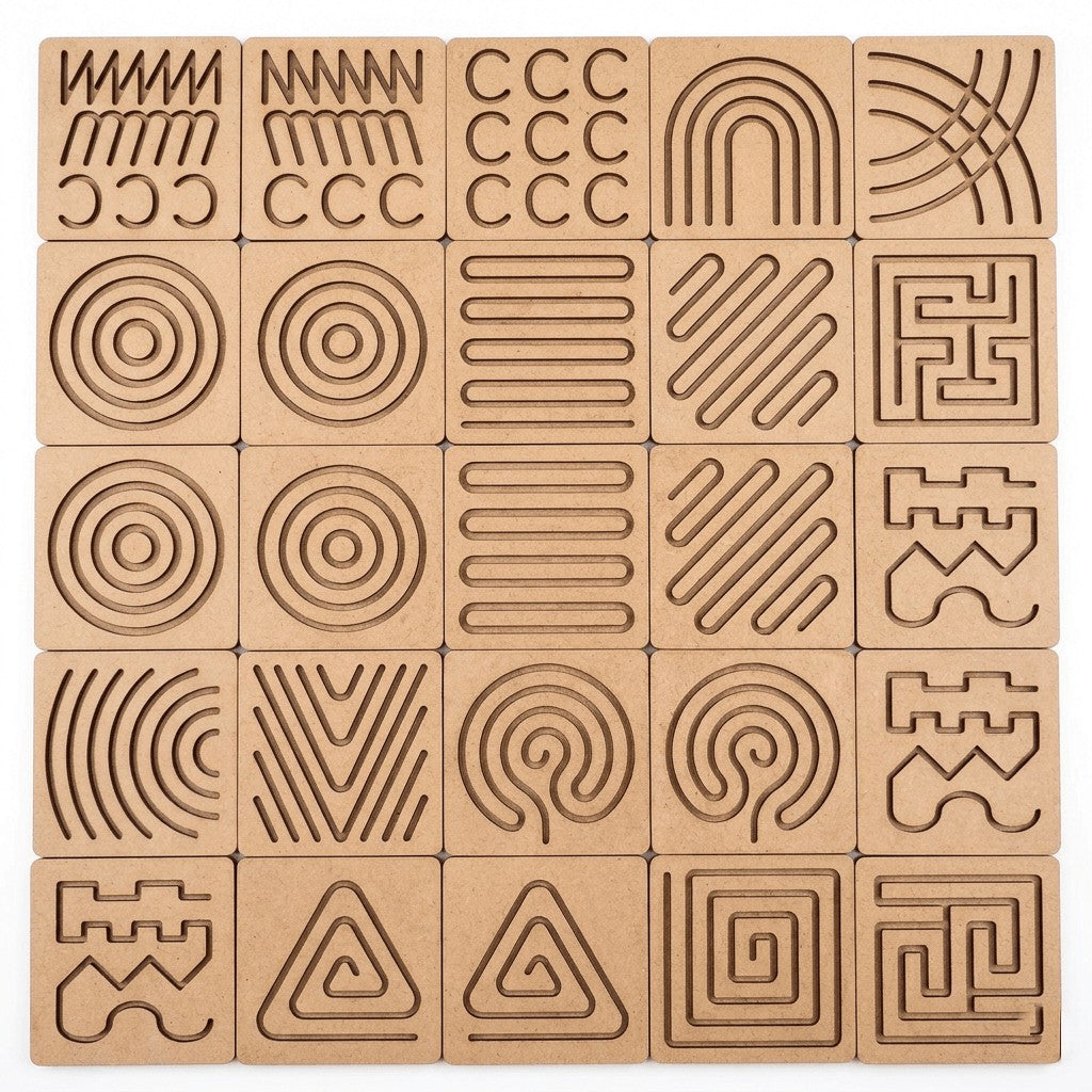 All 25 wooden pre-writing tracing card designs – zigzags, curves, circles, spirals, straight lines and mazes