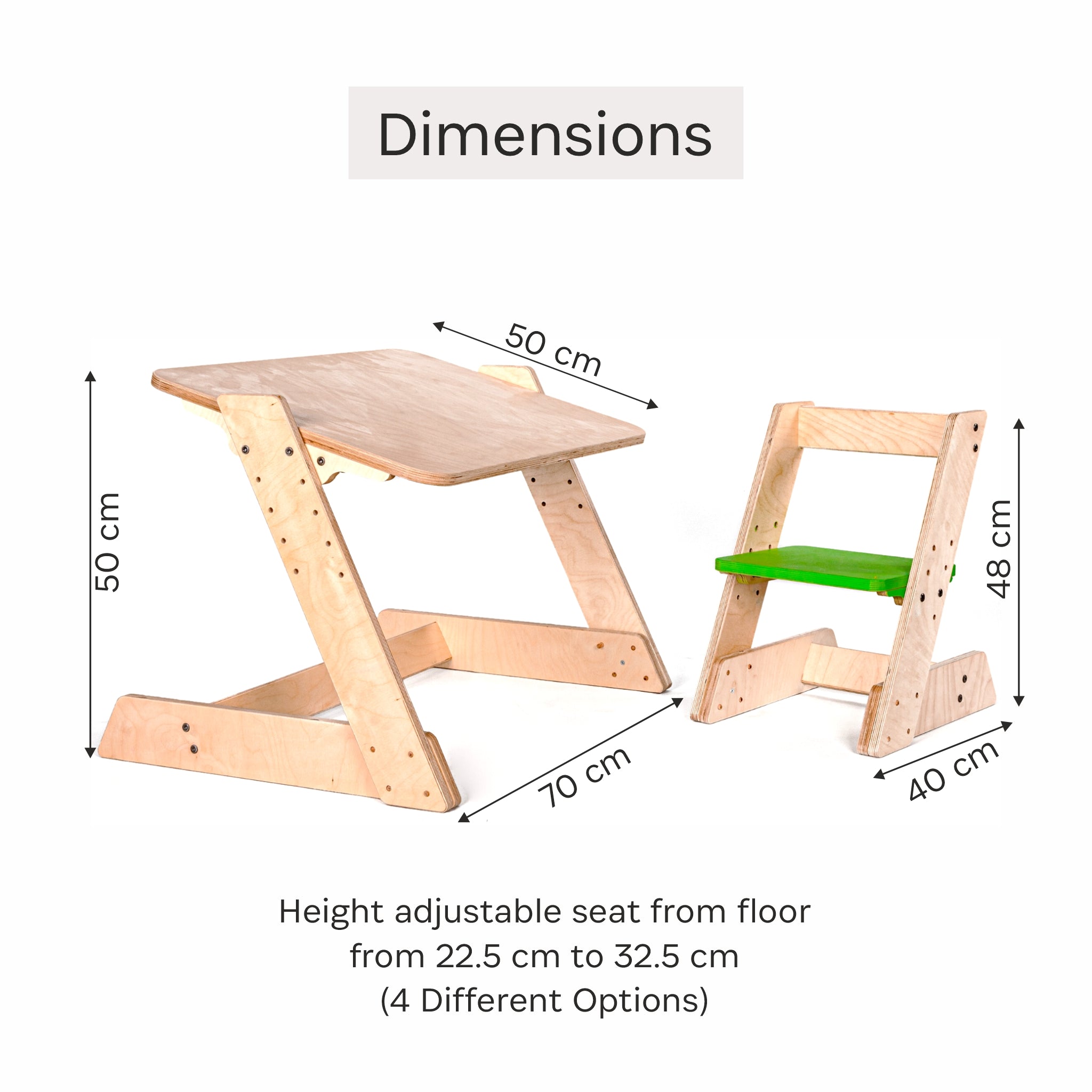 Height adjustable wooden study table and chair dimension
